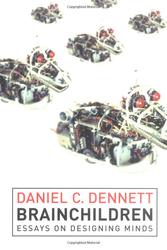 Cover of _Brainchildren_: repeated image of a robotic dog with its 'skin' removed so that you can see its innards. It's a friendly-looking robotic dog, with red LED eyes. The author's name is in red, and its title is in black, within a black box-bordered box at the bottom of the title page