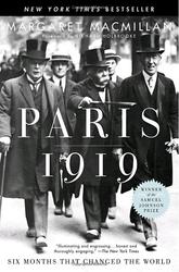 Three gentlemen walking down the street, with a crowd of lesser gentlemen behind them. The frontmost gentlemen are all wearing top hats and carrying canes. The front gentlemen, from left to right, are presumably Lloyd George, Georges Clemenceau, and Woodrow Wilson.