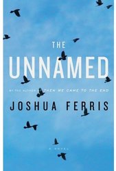 Cover of _The Unnamed_: blue-sky background, black birds flying around it, book title in white, author's name in black (sans serif throughout)