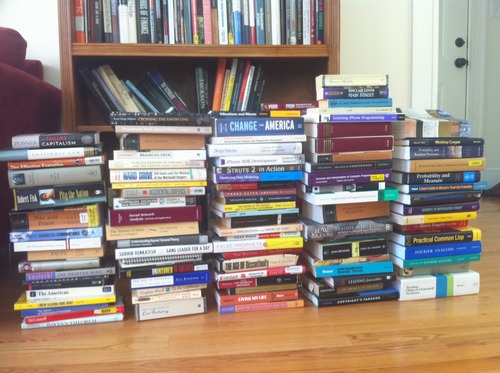 Five stacks of books, each probably two 20 inches high